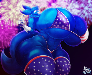 american_flag_bikini american_flag_thigh_highs anthro beverage beverage_can big_breasts big_butt bikini blue_body blue_ears blue_fur breasts burger butt clothing cosmic_fur cosmic_tail crossgender female female_anthro fireworks flag_bikini flag_swimwear food fur holding_beverage holding_burger holding_food holding_object holidays huge_breasts huge_butt hyper hyper_breasts mtf_crossgender neck_tuft open_mouth solo swimwear text thick_thighs tuft two-piece_swimsuit united_states_of_america wide_hips nightlyflare 4th_of_july quasar_(nightlyflare) canid canine fox mammal 2026 artist_name hi_res male_(lore)