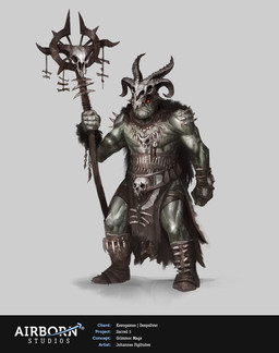 5_fingers armor belt boots bottomwear clothed clothing empty_eyes fingers footwear gloves handwear headgear helmet jewelry loincloth magic_user male muscular muscular_humanoid muscular_male necklace not_furry red_eyes shaman shoes shoulder_piercing solo staff standing text topless topless_humanoid topless_male tribal tribal_spellcaster johannes_figlhuber sacred_(video_game_series) sacred_3 thq_nordic humanoid orc 2012 3d_(artwork) concept_art digital_media_(artwork) english_text hi_res official_art