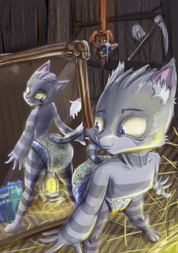 anthro barn camera caught_in_the_act clothed clothing detailed_background diaper diaper_only diaper_package duo fingers fur grey_body hair holding_camera holding_object lamp lantern looking_at_mirror looking_at_object looking_at_self looking_back male mirror mirror_reflection photographer purple_eyes rear_view reflection smile tail text topless walk-in wearing_diaper arita_tian prostokvashino matroskin sharik_(prostokvashino) canid canine canis domestic_cat domestic_dog felid feline felis mammal 2026 absurd_res colored digital_drawing_(artwork) digital_media_(artwork) hi_res russian_text shaded signature