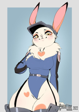 anthro blue_background border clothed clothing female fur garter_belt garter_straps genitals grey_border hat headgear headwear heart_(marking) legwear leotard looking_at_viewer markings neck_tuft pussy_floss simple_background solo text thick_thighs thigh_highs tuft vulva white_body white_fur yellow_eyes cocoline_(artist) lagomorph leporid mammal rabbit 2022 absurd_res dated digital_media_(artwork) english_text hi_res
