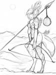 absurd_res anthro biped bow_(weapon) breasts canid canine canis clothing collar digital_drawing_(artwork) digital_media_(artwork) digitigrade domestic_dog female genitals hair hi_res mammal melee_weapon monochrome multi_nipple nipples nude outside polearm pussy ranged_weapon simple_background snout solo spear standing tail torn_clothing tribal watsup weapon white_background