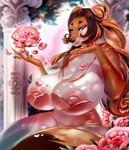 big_breasts breasts clothed clothing female hair huge_breasts hyper looking_at_viewer nipples smile solo thick_thighs winter_nacht mellow_(winter_nacht) canid canine deity mammal absurd_res hi_res