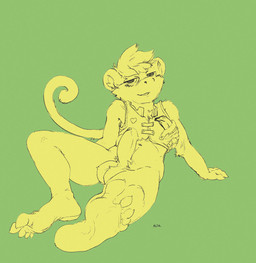 anthro arm_tuft ball_tuft balls banana cheek_tuft clothed clothing elbow_tuft erection facial_tuft feet food fruit genitals hair heart_symbol humanoid_genitalia humanoid_penis looking_at_viewer male narrowed_eyes partially_clothed penis plant short_hair shoulder_tuft sitting smile solo tuft oselotti haplorhine mammal monkey primate 2022 hi_res partially_colored