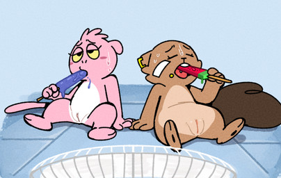 adolescent band-aid bandage blush bodily_fluids brown_body cheek_piercing dripping ear_piercing eyes_closed female feral food genitals licking licking_popsicle nude piercing pink_body popsicle semi-anthro sitting spread_legs spreading sucking sweat tail tan_body tongue tongue_piercing touching_hand vulva young young_female young_feral fullhero cashew_and_belle brazil-nut_(fullhero) mammal primate rodent sciurid tree_squirrel 2025