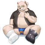 anthro belly blush bone bone_in_mouth bulge clothing eyewear footwear fur glasses hair jacket male mismatched_socks musclegut muscular overweight overweight_male pecs ponytail socks solo speedo swimwear topwear white_body white_fur aipangpangdeyua lifewonders tokyo_afterschool_summoners leib_(tas) bear mammal polar_bear ursine hi_res