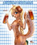 2018 alcohol anthro australian_shepherd beer beverage blonde_hair blue_eyes blush braided_hair breasts butt canid canine canis conditional_dnp digital_media_(artwork) domestic_dog erect_nipples exposure_variation female fluff-kevlar fur german_text hair herding_dog holidays long_hair looking_at_viewer mammal medium_breasts nipples nude oktoberfest pastoral_dog raised_tail shaded sheepdog simple_background solo spots tail text translated zofie_(fluff-kevlar)