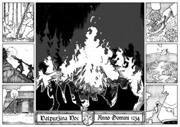 ambiguous_gender anthro axe bonfire building clothed clothing cooking fire flower food forest group holding_object holding_tool plant pouch_(clothing) text tools tree mia_cain canid canine lagomorph mammal comic hatching_(art) hi_res monochrome multiple_scenes shaded