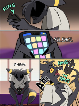 bed black_body dialogue electronics furniture male onomatopoeia open_mouth phone red_eyes sitting solo sound_effects speech_bubble surprised text tongue yellow_sclera odeko-yma nintendo pokemon pokemon_mystery_dungeon spike_chunsoft lucky_(odeko-yma) eeveelution generation_2_pokemon generation_4_pokemon pokemon_(species) rotom rotom_phone umbreon 2026 absurd_res comic digital_media_(artwork) english_text hi_res signature