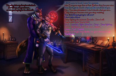 anal anal_penetration animal_genitalia animal_penis anthro anthro_on_anthro anthro_penetrated anthro_penetrating anthro_penetrating_anthro armor balls bodily_fluids bottomless bracelet brown_body brown_eyes brown_fur canine_genitalia canine_penis claws clothed clothing clothing_lift cross-eyed detailed_background dialogue dominant dominant_male duo erection fur genital_fluids genitals glowing glowing_sword hair holding_melee_weapon holding_object holding_sword holding_weapon humanoid_genitalia humanoid_penis hypnosis hypnotic_eyes inside jewelry knight knot leaking_precum magic magic_sword magic_user male male/male male_penetrated male_penetrating male_penetrating_male melee_weapon mind_control muscular muscular_male necklace open_mouth open_smile penetration penis precum robe sex shirt shirt_lift shirt_only smile speech_bubble spiral spiral_eyes submissive submissive_male sword tail teeth text tongue topwear topwear_only topwwear warrior weapon howlfeiwolf cjmpinger zaffre_brooks canid canine canis domestic_dog mammal mustelid otter detailed digital_media_(artwork) english_text hi_res