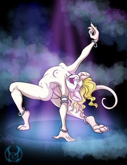 anthro blonde_hair blue_eyes bracelet bracelet_only breasts butt dancing feet female fur genitals hair jewelry long_hair nipples nude nude_anthro nude_female open_mouth rat_ears rat_tail simple_background soles solo tail teeth toes vulva white_body white_fur shawnthegirl shannon_(bahumot) mammal murid murine rat rodent digital_media_(artwork) hi_res