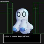 areola big_breasts black_background blue_areola blue_nipples breasts crossgender eyelashes female huge_breasts looking_at_viewer nipples not_furry nude open_mouth simple_background solo text white_body white_eyes beepisboop undertale undertale_(series) napstablook ghost spirit 1:1 english_text hi_res