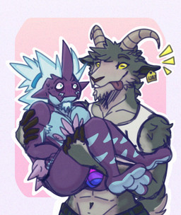 3_toes abs accessory anthro anticipation armpit_hair belt bisexual_pride_colors blue_body blue_hair blush blush_lines bodily_fluids body_hair bulge butt carrying_another clothing cradling crop_top detailed_bulge duo ear_piercing ear_tag emanata facial_hair feet female fingers fur geometric_background goatee green_eyes grey_body grey_fur hair hair_accessory hair_tie hooved_fingers hooves horizontal_pupils horn lgbt_pride looking_at_another male muscular muscular_anthro muscular_female navel nipples outline pecs piercing pink_background pride_colors pupils purple_body scut_tail shirt short_tail simple_background smile sweat sweatdrop tail teeth text text_on_clothing text_on_shirt text_on_topwear toes tongue tongue_out topwear underwear white_outline wide_eyed yellow_eyes aimepact coffee_stain_studios epic_games fortnite goat_simulator nintendo pokemon pilgor_(goat_simulator) bovid caprine generation_8_pokemon goat mammal pokemon_(species) toxtricity 2025 absurd_res hi_res