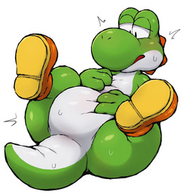 ambiguous_gender belly belly_squish blush bodily_fluids butt clothing countershading featureless_butt featureless_crotch feral footwear green_body green_skin hand_on_belly legs_up looking_at_self lying mostly_nude null on_back orange_clothing orange_footwear orange_shoes orange_spines overweight overweight_ambiguous potbelly presenting presenting_hindquarters presenting_null raised_tail self_grope shoes simple_background slightly_chubby slightly_chubby_ambiguous solo squish squishy_body sweat tail tailbutt thick_tail thick_thighs white_background white_body white_countershading white_skin yellow_clothing yellow_footwear yellow_shoes fuyugaki15 mario_bros nintendo yoshi_(character) green_yoshi yoshi 2026 hi_res
