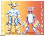 abs anthro armor athletic athletic_anthro athletic_male blue_body digitigrade duo evolutionary_family featureless_crotch male muscular muscular_anthro muscular_male pecs plantigrade red_eyes curizzu_1311 bandai_namco digimon digimon_(species) flamedramon magnamon scalie hi_res