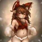 alternate_species anthro breasts brown_eyes brown_hair chest_tuft clothed clothing female furrification hair kemono looking_at_viewer looking_down navel open_mouth ribbons simple_background solo standing torn_clothing transformation tuft underwear hawthorn touhou reimu_hakurei canid mammal 1:1 2020 hi_res