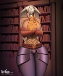 anthro big_breasts big_butt breasts butt clothing cropped_jacket crossed_arms curvy_figure female floppy_ears fur hair hair_over_eye hourglass_figure lop_ears solo thick_thighs tight_clothing white_body white_fur hiverdose last_fables eni_siverets_(last_fables) hare lagomorph leporid mammal hi_res