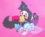 2017 anthro band-aid bandage biped black_body black_fur black_nose blue_eyes blue_tongue blush bulge canid canine canis clothed clothing console crossdressing digital_drawing_(artwork) digital_media_(artwork) electronics femboy fur game_console generation_1_pokemon gratiel guide_lines hi_res hoodie kneeling legwear looking_at_viewer male mammal navel nintendo nintendo_switch one_eye_closed panties patch_(fabric) pikachu pillow pin_button pink_background plushie pokemon pokemon_(species) simple_background sitting solo star strandwolf_(shatteredmind) thigh_highs tongue tongue_out topwear underwear wink wolf