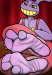 3_toes anthro big_feet clothing feet foot_fetish foot_focus gloves handwear huge_feet humanoid_feet male male_feet overalls overalls_only paws pink_clothing plantigrade purple_body purple_feet smile smiling_at_viewer soles solo teasing teasing_with_feet toes wide_feet wrinkled_feet wrinkles yellow_eyes bettrdoodle glitch_productions the_amazing_digital_circus jax_(tadc) lagomorph leporid mammal rabbit hi_res