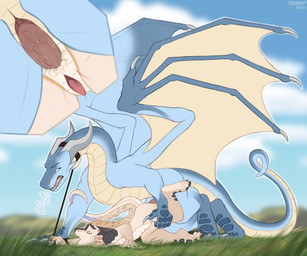 4_toes 5_fingers anal anal_penetration animal_genitalia anthro anthro_on_feral anthro_penetrated belly bestiality black_body black_claws black_collar black_horn black_scales blonde_hair blue_body blue_ears blue_scales blue_sky bodily_fluids claws close-up cloud collar digitigrade dripping duo erection eyelashes feet feral feral_penetrating feral_penetrating_anthro fingers fur genital_fluids genital_slit genitals gold_accessory gold_scales gradient_arms gradient_hair gradient_legs gradient_limbs grass green_eyes green_grass grey_horn hair half-erect holding_partner's_leg horn leaking_precum leash leash_pull leashed_collar long_tail lying male male/male male_feral male_on_feral male_penetrated male_penetrating male_penetrating_male markings membrane_(anatomy) membranous_wings multicolored_body narrowed_eyes nude on_front open_mouth outside outside_sex paws penetration penile penile_spines penis pink_penis plant plantigrade precum precum_drip purple_eyes purple_hair quadruped raised_hand raised_leg scales sex side_view size_difference sky slit_penis tail tail_wrapped_around tail_wrapped_around_arm tan_belly tan_ears tan_wings teeth toes two_tone_body white_belly white_body white_eyelashes wings rhaelrhaelrasputin mythology cett_(coldmanmoran) dragon mythological_creature mythological_scalie scalie 6:5 absurd_res hi_res