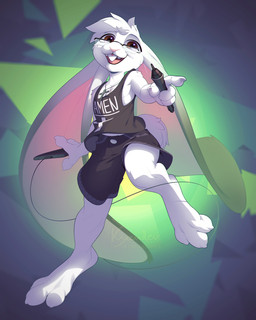 3_toes 4_fingers abstract_background anthro barefoot big_ears bottomwear claws clothed clothing cross drawing_tablet electronics eyebrows eyelashes eyewear feet fingers gesture glasses hand_gesture huge_ears jewelry male necklace open_mouth pointing shirt shorts smile solo stylus tablet tank_top teeth text text_on_clothing text_on_shirt text_on_topwear toes tongue topwear kyander lagomorph leporid mammal rabbit 2020 4:5 digital_media_(artwork) watermark