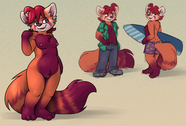andromorph anthro clitoris clothed clothing fluffy fluffy_tail genitals intersex nipples plantigrade smile solo surfboard tail topless vulva nanimoose ailurid mammal red_panda 2023 model_sheet trans_(lore) trans_man_(lore)
