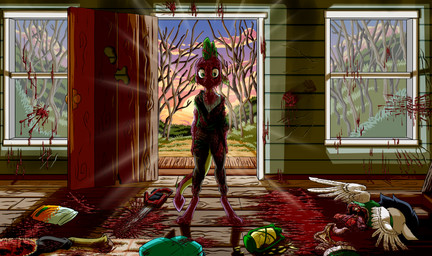 anthro anthrofied back_wings barefoot biped bisected black_hair blood blood_on_face bodily_fluids chainsaw clothed clothing corpse countershade_tail countershade_torso countershading covered_in_blood digitigrade duo feathered_wings feathers feet gore grey_body guts hair head_spikes intestines male multicolored_body organs pajamas plant power_tool shocked spade_tail spikes spikes_(anatomy) standing sunrise tail tan_body tan_countershading tools tree two_tone_body white_body wide_eyed window wings wounded young young_anthro young_male zooshi evil_dead friendship_is_magic hasbro my_little_pony mythology rumble_(mlp) spike_(mlp) dragon equid equine mammal mythological_creature mythological_equine mythological_scalie pegasus scalie 2025 hi_res