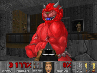 anthro blue_tongue fangs first_person_view flexing green_eyes horn male muscular muscular_male nipple_piercing nipples piercing red_body red_skin screencap screencap_background teeth tongue duncanhorseman doom_(series) id_software microsoft cacodemon 4:3 digital_media_(artwork) pixel_(artwork)