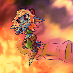 black_nails blue_body blue_skin clothed clothing colored_nails explosives female fire grenade gun hair holding_gun holding_object holding_ranged_weapon holding_weapon humanoid_pointy_ears midriff nails navel not_furry open_mouth orange_hair pointy_ears ranged_weapon smile solo stirrup_legwear weapon plagueofgripes league_of_legends riot_games tencent tristana_(lol) humanoid yordle 1:1 2015 hi_res unfinished