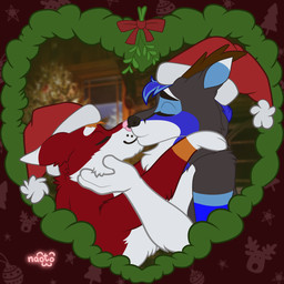 anthro christmas_clothing christmas_decorations christmas_headwear christmas_tree clothing duo female hat headgear headwear holidays kiss_on_lips kissing love male male/female mistletoe plant santa_hat tree naoto christmas canid canine canis deer domestic_dog husky mammal nordic_sled_dog spitz wolf 1:1 absurd_res hi_res