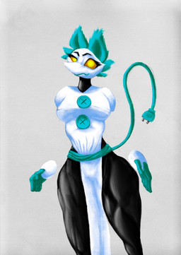 anthro breasts clothed clothing dress female floating_hands fur hair looking_at_viewer machine simple_background smile solo tail thick_thighs topwear wide_hips yellow_eyes ppmp deltarune undertale_(series) tasque_manager darkner felid feline humanoid mammal robot digital_media_(artwork) hi_res