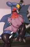 anthro biped blue_body blue_tail blurred_background blush breasts camel_toe clothed clothing embarrassed female footwear legwear looking_at_viewer mouth_closed orange_body orange_eyes sitting socks solo spikes tail thigh_highs thigh_socks underwear yellow_body hitmanatee nintendo pokemon garchomp generation_4_pokemon pokemon_(species) hi_res