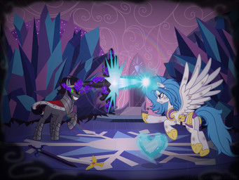armor battle black_mane blue_eyes blue_mane blue_tail bruised clothing crystal crystal_heart determined determined_eyes duo evil_face evil_grin eyelashes feathered_wings feathers female feral fight gem green_eyes grey_body hoof_accessory horn magic male mane melee_weapon night power power_struggle red_eyes robe smile snowflake spread_wings standing struggling sword tail unicorn_horn weapon wings kichimina friendship_is_magic hasbro my_little_pony mythology king_sombra_(mlp) princess_zephyr_(captain_tyler) zephyr_de_luca_(captain_tyler) crystal_pony_(mlp) equid equine mammal mythological_creature mythological_equine unicorn winged_unicorn 4:3 hi_res