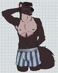 anthro arm_tuft armpit_hair belly biped blush body_hair boxers_(clothing) brown_body brown_eyes brown_fur brown_hair brown_inner_ear brown_nipples brown_nose bulge checkered checkered_background clothed clothing elbow_tuft fluffy fluffy_tail fur hair hand_behind_back hand_behind_head happy_trail inner_ear_fluff male male_anthro multicolored_body multicolored_clothing multicolored_underwear navel neck_tuft nipples one_eye_closed partially_clothed partially_clothed_male pattern_background pattern_clothing pattern_underwear simple_background slim solo standing striped_clothing striped_underwear stripes tail tan_body tan_fur tan_inner_ear_fluff tuft underwear underwear_only whiskers white_background white_sclera unsafescapewolf burrows_(captain_nikko) colt_(captain_nikko) gulonine mammal marten mustelid musteline 2024 digital_drawing_(artwork) digital_media_(artwork) hi_res portrait three-quarter_portrait