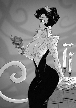 anthro bone book bookmark breasts candle cleavage clothed clothing desk dress female fire fully_clothed furniture gun hair handgun pistol ranged_weapon side_view skull solo table weapon conditional_dnp jollyjack animal_humanoid cat_humanoid felid felid_humanoid feline feline_humanoid humanoid mammal mammal_humanoid 2026 greyscale monochrome