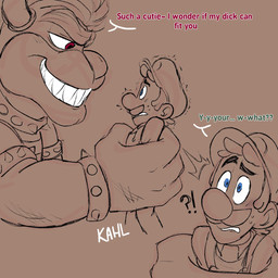 dialogue duo holding_person imminent_sex interrobang male male/male size_difference text itsjustapixel3 mario_bros nintendo bowser luigi dragon_koopa human koopa mammal scalie 1:1 english_text hi_res
