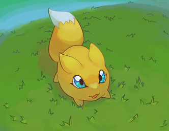 ambiguous_gender baby_digimon blue_eyes dipstick_tail feral fur grass high-angle_view markings neonate open_mouth plant quadruped solo tail tail_markings two_tone_tail white_body white_fur white_tail white_tail_tip yellow_body yellow_ears yellow_fur yellow_legs yellow_tail young skinkified bandai_namco digimon digimon_(species) viximon 2025 digital_drawing_(artwork) digital_media_(artwork)