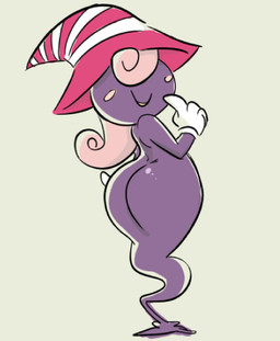 ambiguous_gender blush blush_stickers butt clothing curly_hair finger_to_mouth gloves grey_background hair handwear hat headgear headwear legless lips looking_at_viewer looking_back not_furry pattern_clothing pattern_hat pattern_headgear pattern_headwear pink_hair purple_body rear_view simple_background smile solo striped_clothing striped_hat striped_headgear striped_headwear stripes white_clothing white_gloves white_handwear yellow_lips manwithnobats mario_bros nintendo paper_mario vivian_(mario) ghost shadow_siren spirit 2019 digital_media_(artwork)