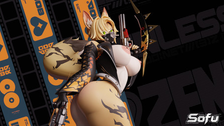 areola barbell_piercing breasts butt clothed clothing female gun jacket nipple_piercing nipples open_clothing open_jacket open_topwear piercing ranged_weapon solo topwear weapon yellow_body valorlynz_(modeler) mihoyo zenless_zone_zero pulchra_fellini domestic_cat felid feline felis humanoid mammal 16:9 3d_(artwork) digital_media_(artwork) hi_res widescreen