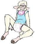 ageplay anthro bib clean_diaper clothed clothing diaper eyewear female fur glasses hooves onesie open_onesie pink_body pink_skin roleplay simple_background sitting solo wearing_diaper white_background white_body white_fur slusheep bovid caprine mammal sheep 2019 hi_res