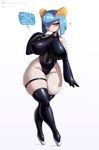 2024 absurd_res artist_name big_breasts blue_hair blush bodysuit breasts clothing digital_media_(artwork) eyelashes female front_view gammainks generation_3_pokemon hair hi_res humanoid kirlia legwear looking_at_viewer nintendo nipple_outline pokemon pokemon_(species) simple_background skinsuit solo squish thigh_squish tight_clothing white_background