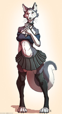 anthro bottomwear breasts cellphone claws clothing collar crop_top ear_piercing ear_ring electronics female front_view fur grey_body grey_fur holding_object holding_phone leg_warmers legwear notched_ear paws phone piercing red_sclera ring_piercing shirt simple_background skirt smartphone solo spiked_collar spikes standing tail text toe_claws topwear whiskers white_background white_body white_fur arcr-cric hellaverse helluva_boss mythology loona_(helluva_boss) canid canid_demon canine demon hellhound mammal mythological_canine mythological_creature 2026 digital_media_(artwork) full-length_portrait hi_res portrait signature url