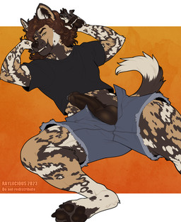 anthro arm_tuft balls black_clothing black_shirt black_t-shirt black_topwear bodily_fluids bottomwear brown_balls brown_hair brown_pawpads brown_penis cheek_tuft clothed clothing curly_hair digitigrade elbow_tuft erection facial_tuft foreskin front_view fur genital_fluids genitals grey_bottomwear grey_clothing grey_shorts grin hair humanoid_genitalia humanoid_penis looking_at_viewer lying male narrowed_eyes on_back pawpads penis precum presenting presenting_penis shirt shorts simple_background smile solo spread_legs spreading t-shirt tail tan_body tan_fur text topwear tuft white_body white_fur rayliicious african_wild_dog canid canine mammal 2023 artist_name dated hi_res