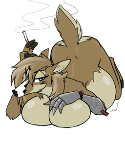 anthro ass_up bedroom_eyes belly big_belly breasts cigarette cybernetic_arm cybernetic_limb female huge_belly hyper hyper_belly lying narrowed_eyes on_front resting_on_belly seductive smoking solo topazknight red_(topazknight) cervine deer mammal absurd_res hi_res