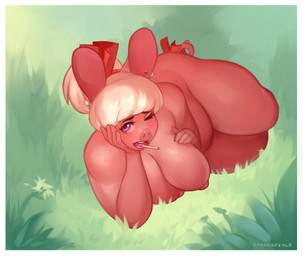 accessory anthro big_breasts blonde_hair blush bow_(feature) bow_accessory bow_ribbon breasts candy centered_hair_bow dessert ear_piercing female food furgonomics grass hair hair_accessory hair_bow hair_ribbon lollipop long_hair looking_at_viewer looking_up nipples nude one_eye_closed outside piercing plant purple_eyes ribbons slightly_chubby smile solo tail tail_accessory tail_bow tail_ribbon cyancapsule emelie_(cyancapsule) domestic_pig mammal suid suine sus_(pig) 2015