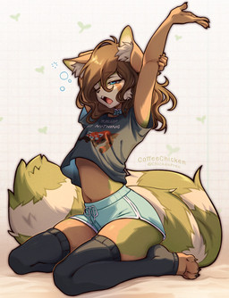 anthro biped bottomwear claws clothed clothed_anthro clothed_male clothing countershade_torso countershading feet femboy fingers front_view fully_clothed fully_clothed_anthro fully_clothed_male fur hair kneeling male navel open_mouth simple_background solo stripes tail teeth toes tongue topwear yawn coffeechicken ailurid mammal red_panda 2026 digital_drawing_(artwork) digital_media_(artwork) hi_res