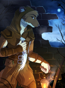 5_fingers anthro black_eyes brown_body brown_fur clothed clothing eyebrows fingers fire fur knife lamp lantern looking_at_viewer magic male night solo weapon whiskers white_body white_fur hioshiru mammal 2015 hi_res