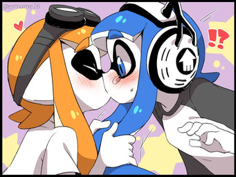 blue_eyes blue_hair blush bodily_fluids clothing duo electronics embarrassed eyebrows eyes_closed eyewear female female/female forced forced_kiss goggles hair headphones heart_symbol interrobang kiss_on_lips kissing long_hair mask orange_hair pseudo_hair surprise_kiss surprised sweat sweatdrop tears tentacle_hair tentacles thick_eyebrows white_body white_skin wide_eyed eromame nintendo splatoon animal_humanoid aquatic aquatic_humanoid cephalopod cephalopod_humanoid humanoid inkling mollusk mollusk_humanoid 2016