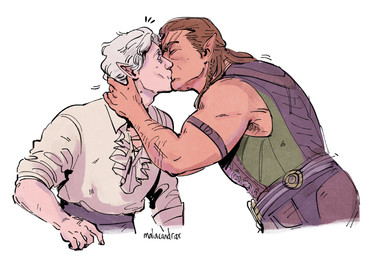 brown_hair clothed clothed_humanoid clothed_male clothing duo frilly frilly_clothing hair humanoid_on_humanoid humanoid_pointy_ears kiss_on_lips kissing long_hair male male/male male_humanoid not_furry pointy_ears scar simple_background white_background white_hair malacandrax baldur's_gate baldur's_gate_3 bioware electronic_arts larian_studios astarion_(baldur's_gate) halsin_(baldur's_gate) elf humanoid vampire hi_res