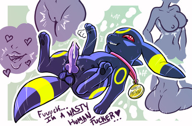 animal_genitalia animal_penis aroused balls breasts canine_genitalia canine_penis faceless_character faceless_female fantasizing female feral feral_focus genitals human_fetish knot lying male male_focus on_back penis solo stated_zoophilia text vulva suns_(artist) nintendo pokemon anon eeveelution generation_2_pokemon human mammal pokemon_(species) umbreon english_text hi_res