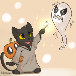 anthro clothed clothing food fruit group holidays magic plant pumpkin wand diamobster google google_doodle halloween magic_cat_academy momo_(google) domestic_cat felid feline felis ghost mammal spirit 1:1 2016 hi_res